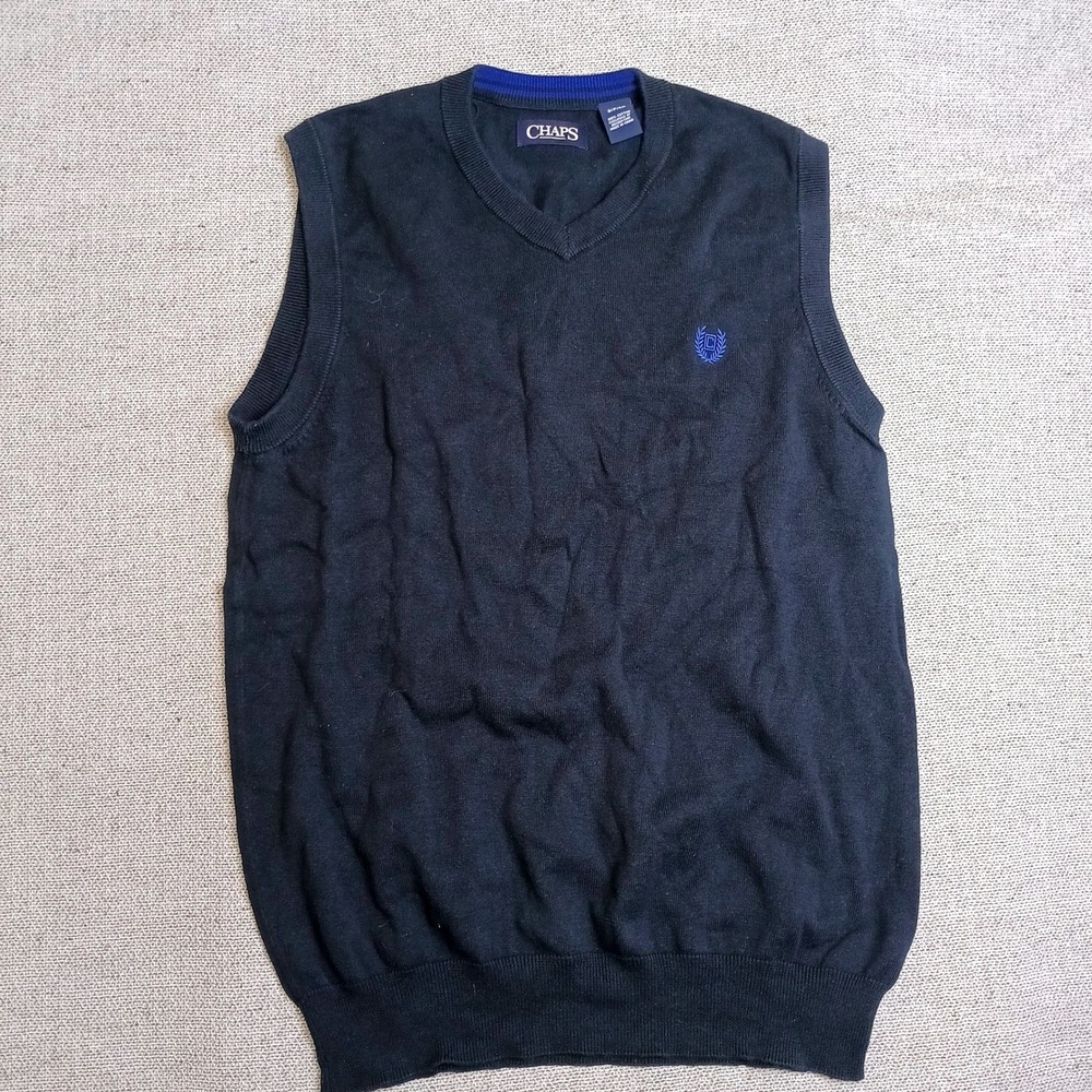 Chaps Sweater Vest Mens Small Navy Blue Excellent V-Neck Cotton Knit Logo